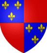 Écartelé en 1 et 4 d'azur aux trois fleurs de lys d'or et en 2 et 3 de gueules